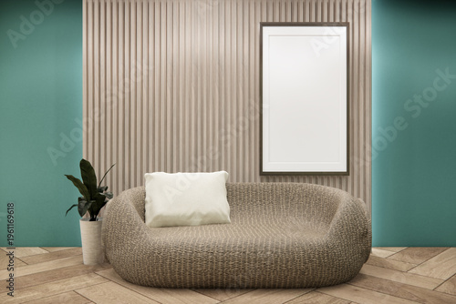 wood panel wall with mini armchair on living room has arm chair, Mock up on wooden floor on mint wall.3D rendering