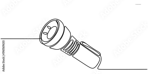 Minimalist continuous line drawing of a handheld flashlight on a plain white background. Vector, illustration