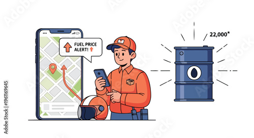 Illustration of a service worker in an orange uniform checking a phone next to a smartphone displaying a map with rising fuel prices and a blue oil barrel, conveying a sense of energy crisis with a
