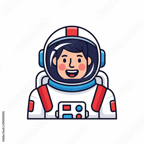 Smiling astronaut in white spacesuit helmet.