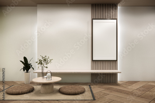 Modern Zen Interior Visualization low table and decoration on minimal Japandi room japan style.3D rendering