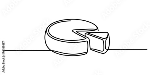 Quadro su tela Continuous line drawing of a round cheese wheel with a single slice removed on a white background