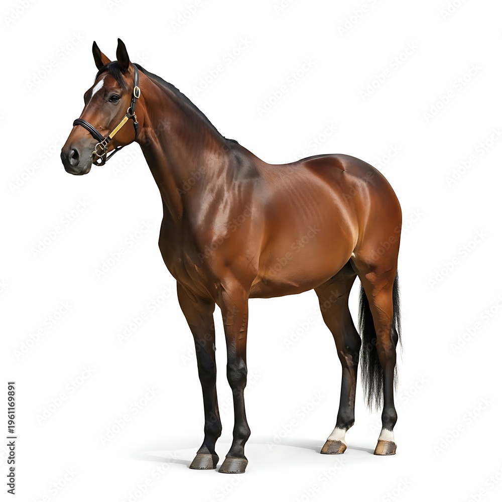 Fototapeta premium Elegant bay horse with white blaze standing gracefully on a white background