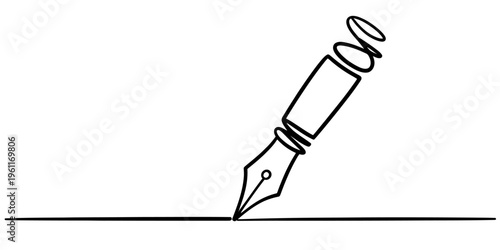 Single line art illustration of a classic fountain pen drawing a continuous horizontal line Vector, illustration