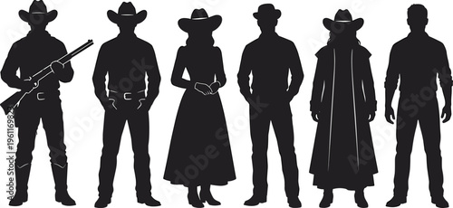 Cowboy Silhouette Vector Collection, Western Character Set with Gun and Hat, Wild West Outlaw and Sherriff Figures Isolated on White