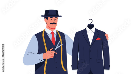 Professional tailor with a mustache wearing a dapper vest and hat holds scissors while presenting a perfectly fitted navy blue suit.