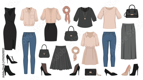 Detailed collection of stylish women apparel and accessories including dresses, blouses, skirts, jeans, handbags, scarves, and shoes.