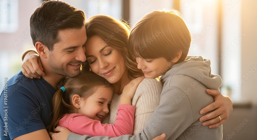 Obraz premium Happy family of four embracing warmly with a loving hug, bathed in golden sunlight.