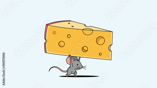 Tiny mouse demonstrates incredible strength by carrying a massive slice of Swiss cheese on its back across a light blue background with a shadow.
