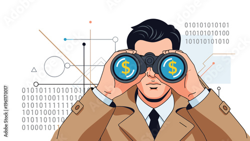 Focused businessman uses binoculars with dollar sign reflections to search for financial opportunities and monetary gain in a digital world.