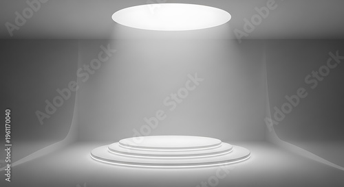 A minimalist, bright, empty stage with a circular skylight illuminating a tiered platform