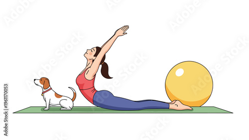 Healthy woman practices yoga on a green mat with her pet dog and a yellow exercise ball in a clean white room, focusing on wellness and peace.