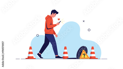 Distracted young man walks while looking at his smartphone, unaware that he is about to step into an open manhole surrounded by traffic cones.