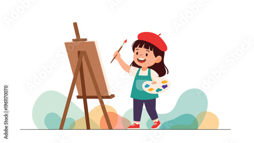 Joyful young girl wearing a red beret and an apron stands before an easel, holding a paintbrush and palette while creating her own colorful artwork.
