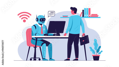 Formal interaction between a human businessman and a robot working at a computer reflects the evolving landscape of AI in professional offices.