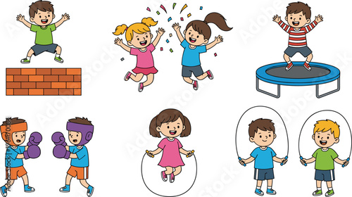 Happy Kids Sports and Play Activities Set with Jumping, Boxing, Trampoline, and Skipping Rope Cartoon Vector Illustration