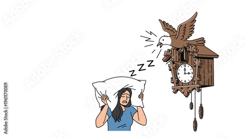 Stressed woman covers her head with a pillow to block out the loud noise of a giant cuckoo clock bird screaming at her in the middle of the day.