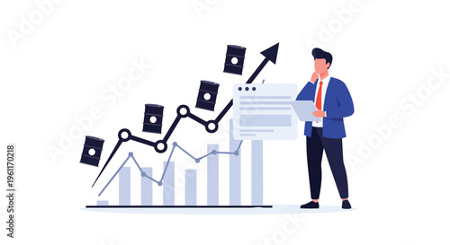 A businessman in a blue suit analyzes a flat 2D graph showing a surge in energy prices during a crisis, with an oil price chart in the background.