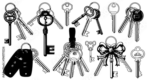 Keys set with various shapes and sizes, including house and car keys with bows and keychains. featuring keychain, bow, key collection with lock and