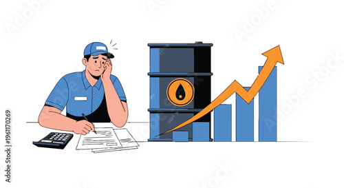 A worried industrial worker sits at a desk with a calculator and papers, next to an oil barrel and a graph showing a surge in oil price with a flat 2D design on a white background.