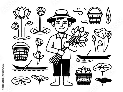Lotus harvest worker carrying fresh blooms beside pond plants