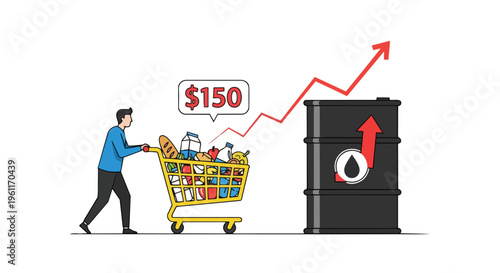 A cartoon man pushing a shopping cart filled with groceries next to a large oil barrel with a rising price graph and a $150 label, conveying a sense of energy crisis and oil price surge in a flat 2D