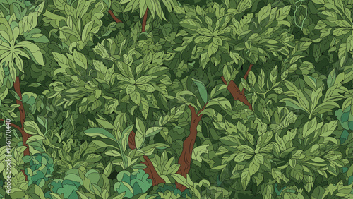 Dense and lush tropical jungle pattern features layers of vibrant green leaves and branches, creating a rich texture of forest foliage and nature.