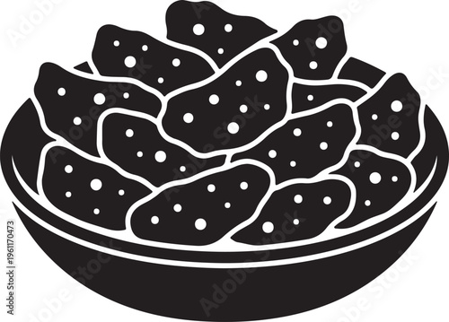 Black silhouette of potato chips in a bowl, crispy snack food vector icon, salty appetizer illustration for menu design and packaging