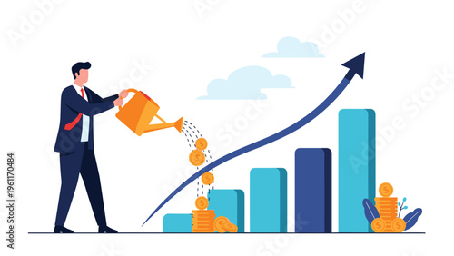 Successful businessman waters a growing bar chart with gold coins using a watering can, symbolizing financial growth and smart investment.