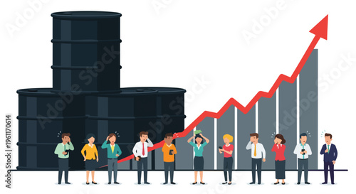 Flat 2D illustration of people standing in front of oil barrels and a graph showing a surge in oil price with an upward trend line and a sense of energy during a crisis