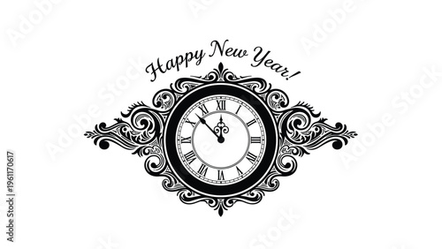 Ornate vintage clock face with decorative filigree and roman numerals features the elegant text Happy New Year above its classic circular frame.