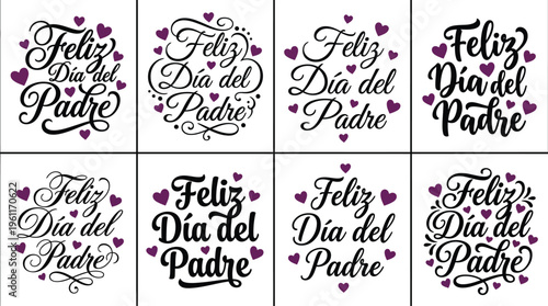 Feliz Dia del Padre lettering set, 8 Spanish Father's Day typography designs with purple hearts, elegant calligraphy vector collection for greeting cards