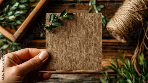 The wedding invitation rests on kraft paper, bound by twine and adorned with fresh foliage for a special occasion