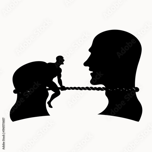 A vector graphic illustration of a man controlling another person's thoughts with a rope