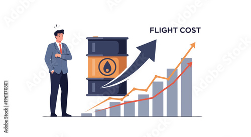 Illustration of a businessman standing next to a graph showing a surge in flight cost due to rising oil price, with a barrel icon and a flat 2D design on a clean white background.