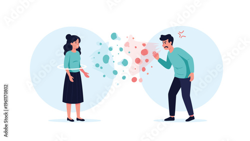 Man and woman shout at each other from within their own personal social distancing bubbles while colorful virus-like particles float between them.