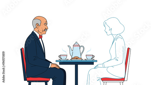 Elderly gentleman sitting at a dining table with tea and cookies while imagining the presence of his late wife as a faint silhouette.