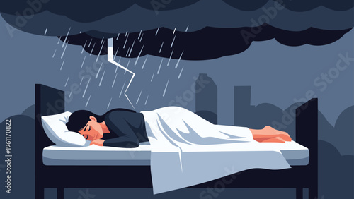 Stressed woman sleeping in a dark bedroom with a metaphorical storm cloud raining over her bed to represent anxiety and depression.