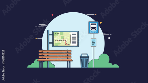 Public bus stop at night featuring a wooden bench, transit map, trash can, and a glowing moon in the background of a dark city.
