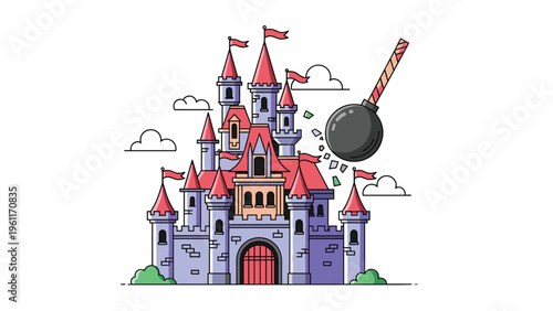 Large wrecking ball smashing into a colorful fairytale castle with red flags to symbolize destruction, renovation, or drastic change.
