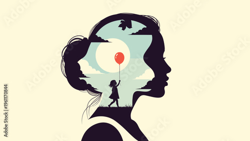 Creative illustration showing a silhouette of a woman with her inner child holding a red balloon against a cloudy sky inside her mind.