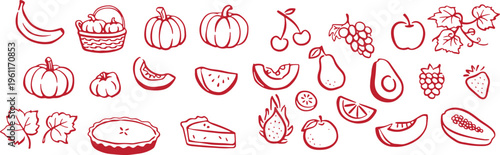 A collection of various fruit and food items illustrated in red