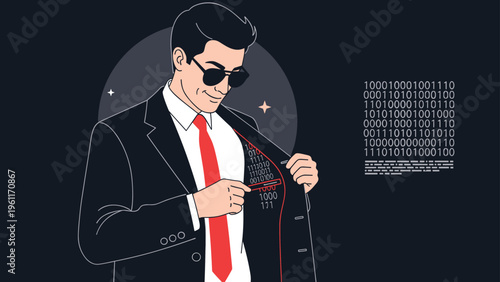 Confident man in a dark suit and red tie showing hidden digital binary code inside his jacket pocket to represent data privacy and hacking.