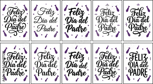 Feliz Dia del Padre Spanish greeting card set, 10 Father's Day vector labels with calligraphy, purple necktie patterns for dad celebration