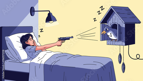 Tired woman lying in bed and aiming a handgun at a loud cuckoo clock bird to stop the annoying wake-up call in the middle of the night.