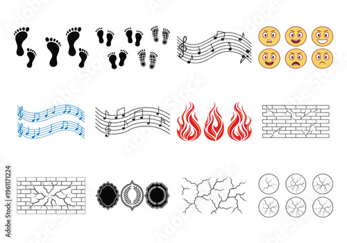 Footprints music notes emojis flames cracked walls and gears baby feet smiling faces
