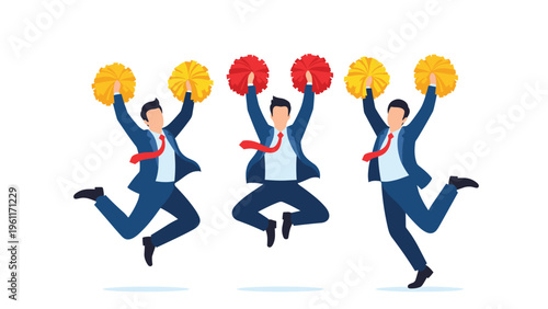 Three businessmen in blue suits jumping with joy while holding colorful yellow and red pom-poms like professional cheerleaders to show success.