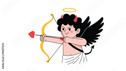 Mischievous cupid character with red devil horns and black wings aiming a heart-tipped arrow with a smirk on his face.