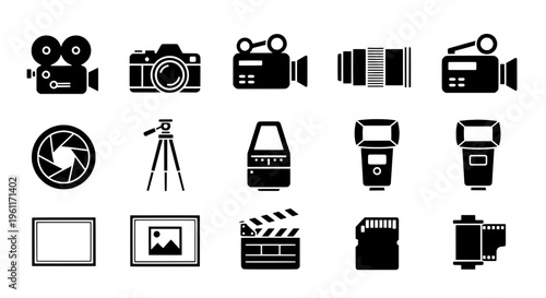 Cameras film and photography equipment icon set with black silhouettes on white background featuring camera, silhouette, video with movie and