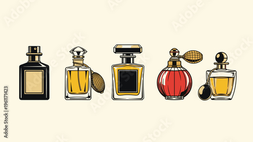 Elegant set of five vintage and modern perfume bottles in various shapes and colors like gold, black, and red on a cream background.